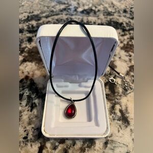 Elegant Red Teardrop Pendant Necklace on black leather adjustable cord. New.
